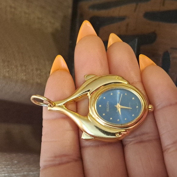 Elgin Blue Face Gold Dolphin Pendant Watch Rare - Picture 4 of 8